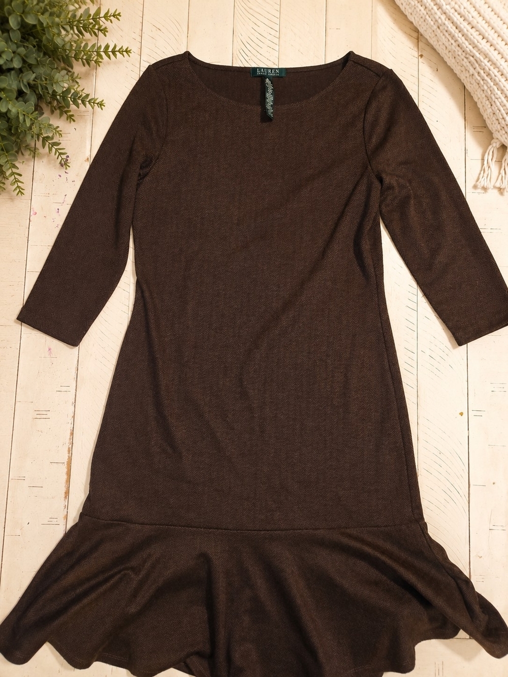 Lauren Ralph Lauren Brown Herringbone Dress Medium 3/4 Sleeve Ruffle Hem